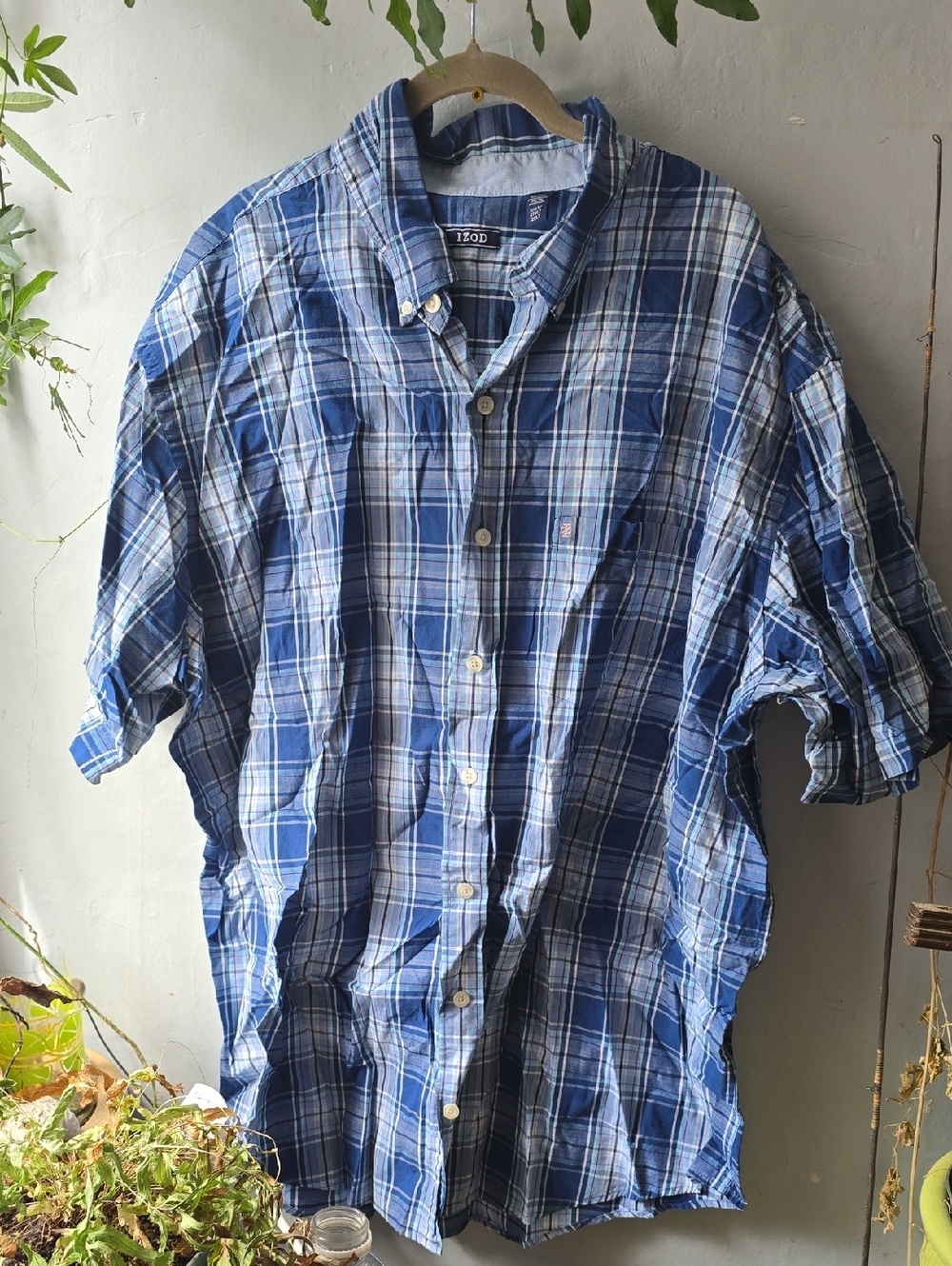 Izod Blue Plaid Short Sleeve Button Down Shirt 100% Cotton Mens Big Tall 2XL T